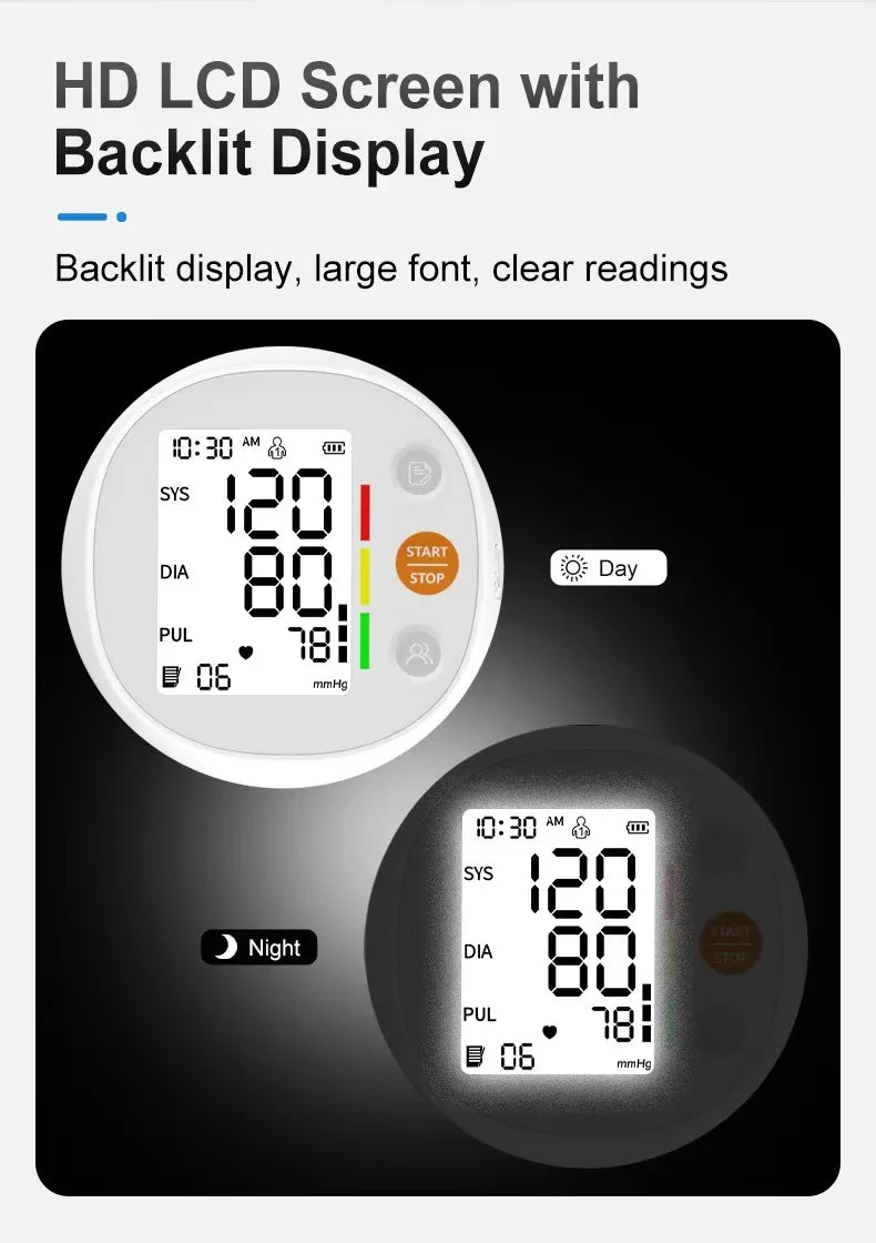 One Click Measure Round Arm Blood Pressure Monitor Automatic Backlight High Accurate Electronic BP Measuring Machine Home