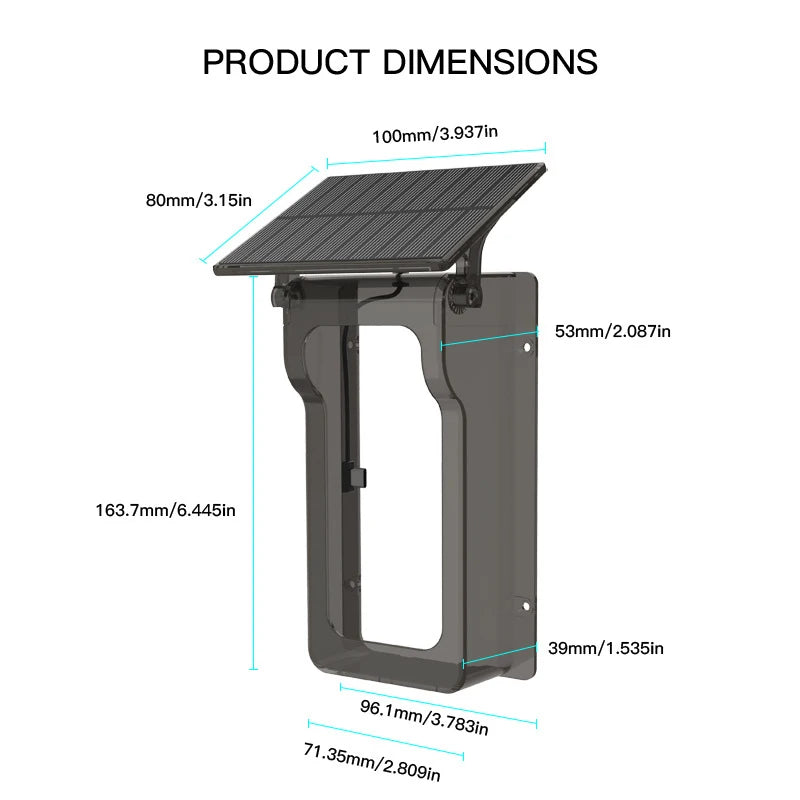 Dark doorbell with solar rain cover shown with labeled size measurements and frame