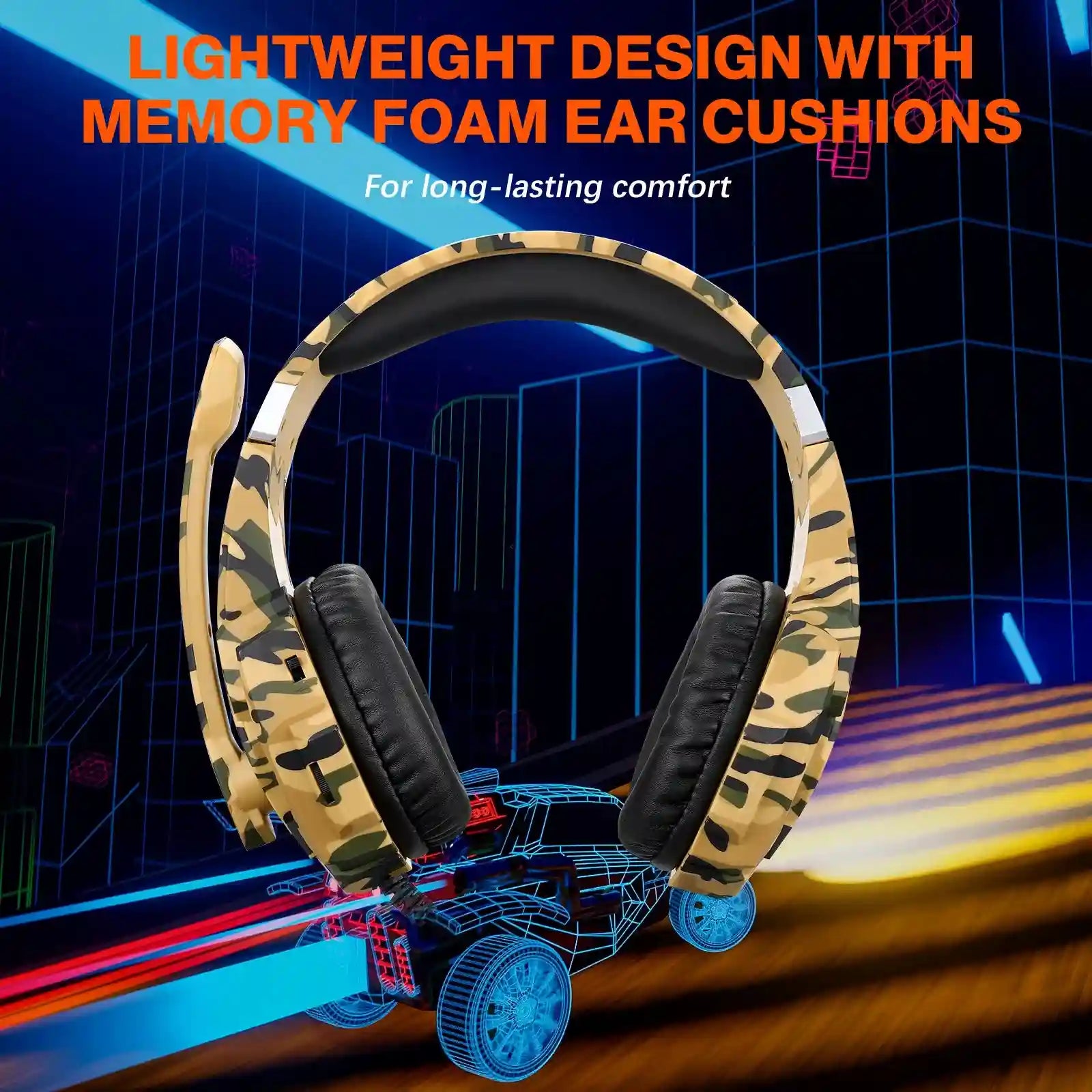 Gaming Headphones with Microphone - Yellow Camo Wired Over-Ear Headset Tidesmit