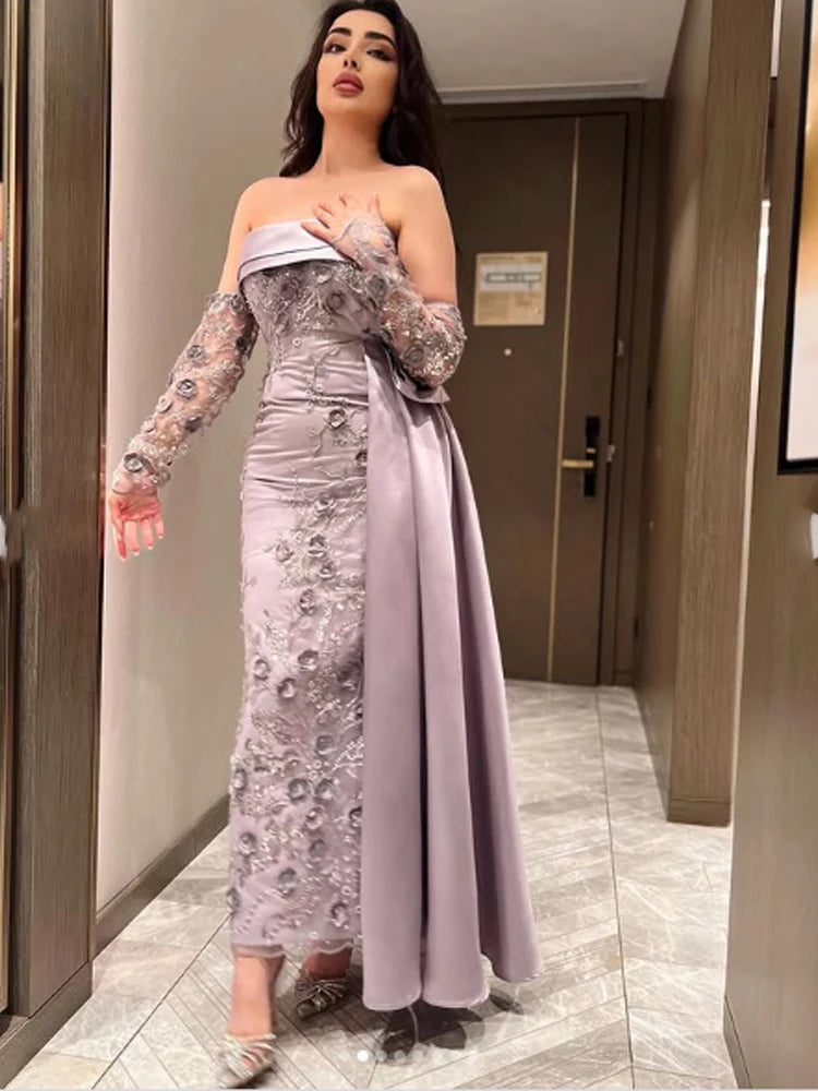 Customized High quality Classic Exquisite Retro Jersey Applique Straight Strapless Long Dresses Prom Dresses Matching