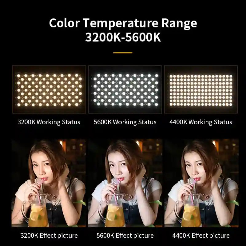 Rectangular LED light panel showing adjustable color temperatures from 3200K to 5600K for studio photography lighting.