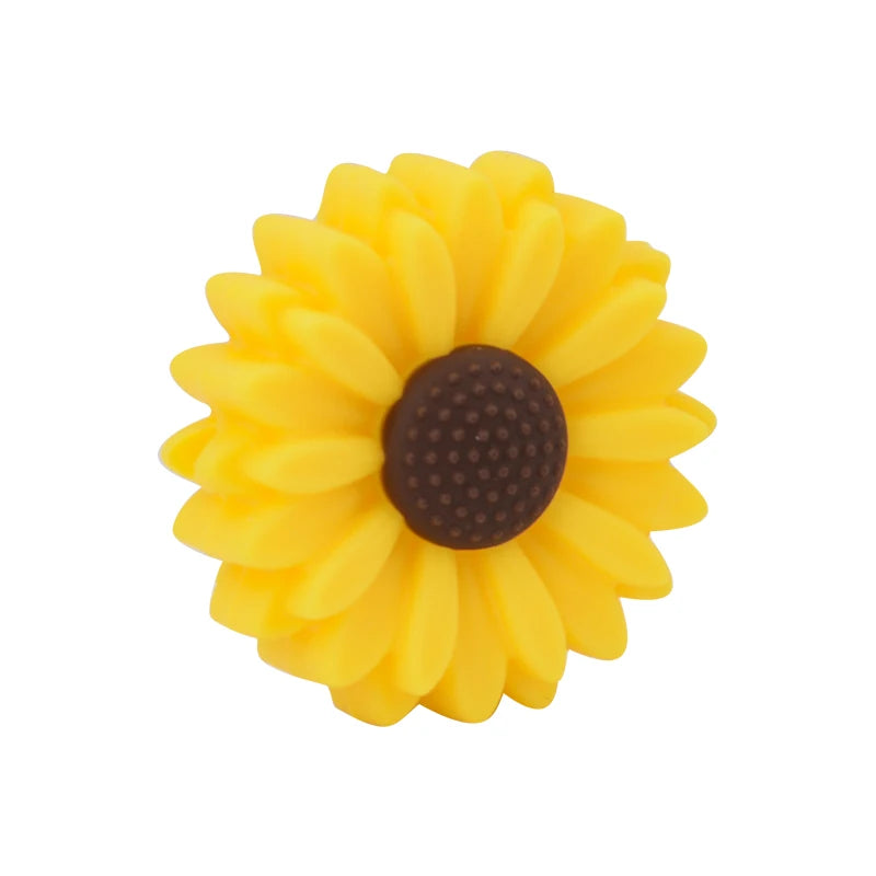 Yellow sunflower baby teething toy made of soft silicone, perfect for soothing gums.
