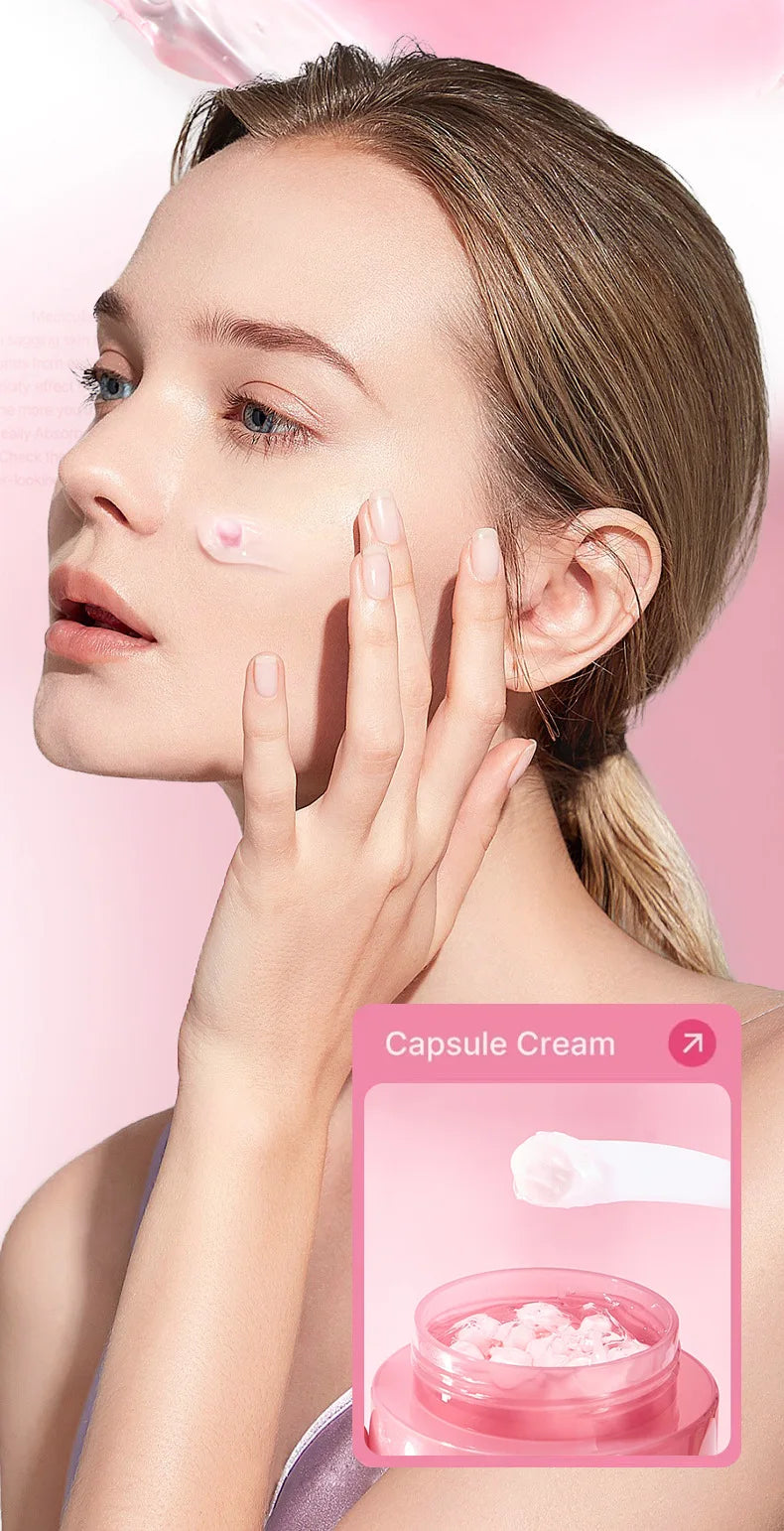 Woman applying pink collagen capsule cream to her cheek, with an inset showing a jar filled with pink cream capsules.