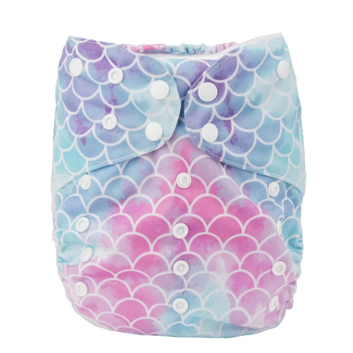 Reusable cloth diaper with adjustable snaps and colorful mermaid scale pattern for baby care.