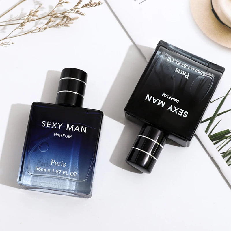 Sexy Man Paris 55ml parfum for men. Two blue gradient glass square cologne bottles. Long-lasting daily men's fragrance.