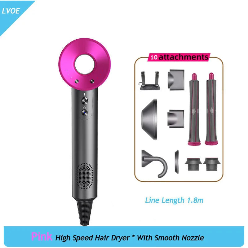 Pink high-speed ionic hair dryer with 10 styling attachments and 1600W powerful motor for professional salon results.
