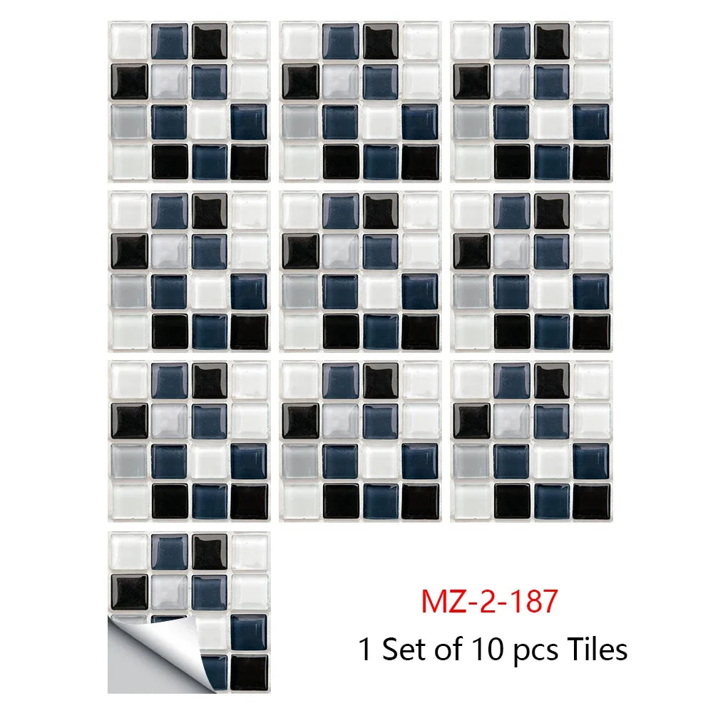 Mosaic tile sticker set, 10pcs white and navy square tiles with glossy black details