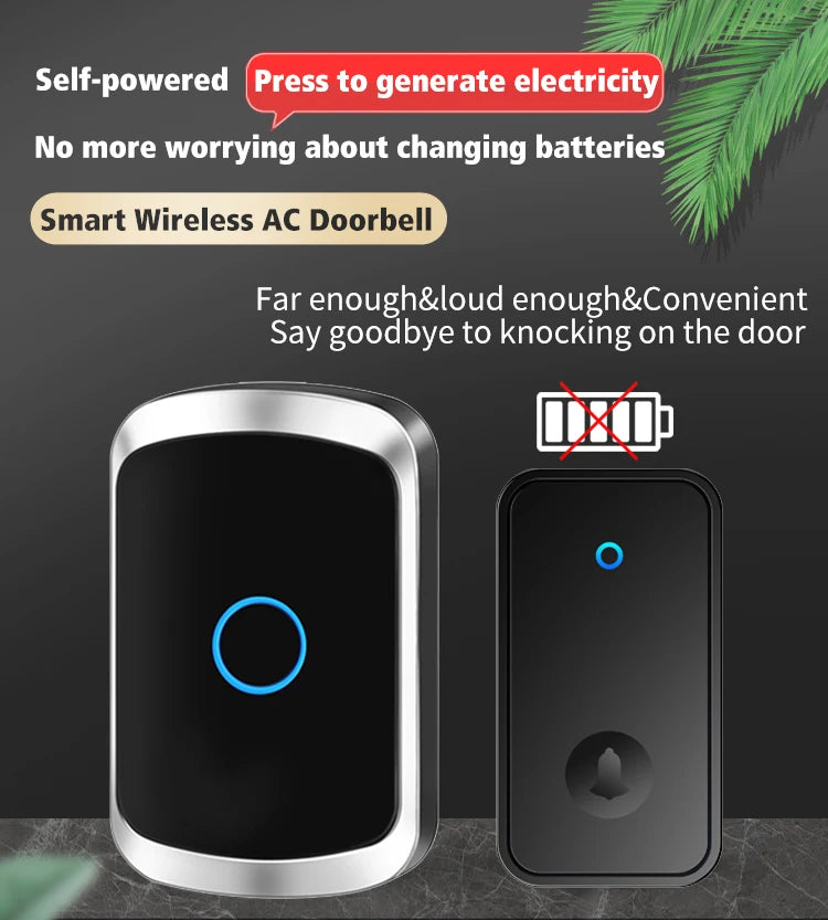 Self Powered Waterproof Wireless Doorbell Smart Home Without Battery Doorbell With Ringtone 150M Remote Receiver Bell