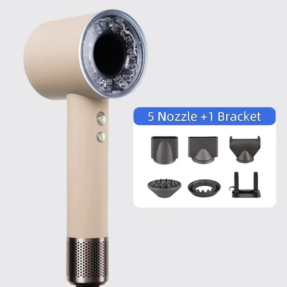 Beige negative ion hairdryer with 5 nozzles and bracket for professional, fast-drying hair care at home.