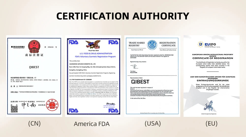 QIBEST product certification documents, including FDA and EU registration certificates for makeup products.