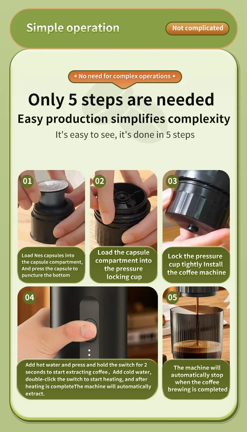 Portable black electric coffee maker for Nespresso capsules showing simple 5-step brewing instructions.