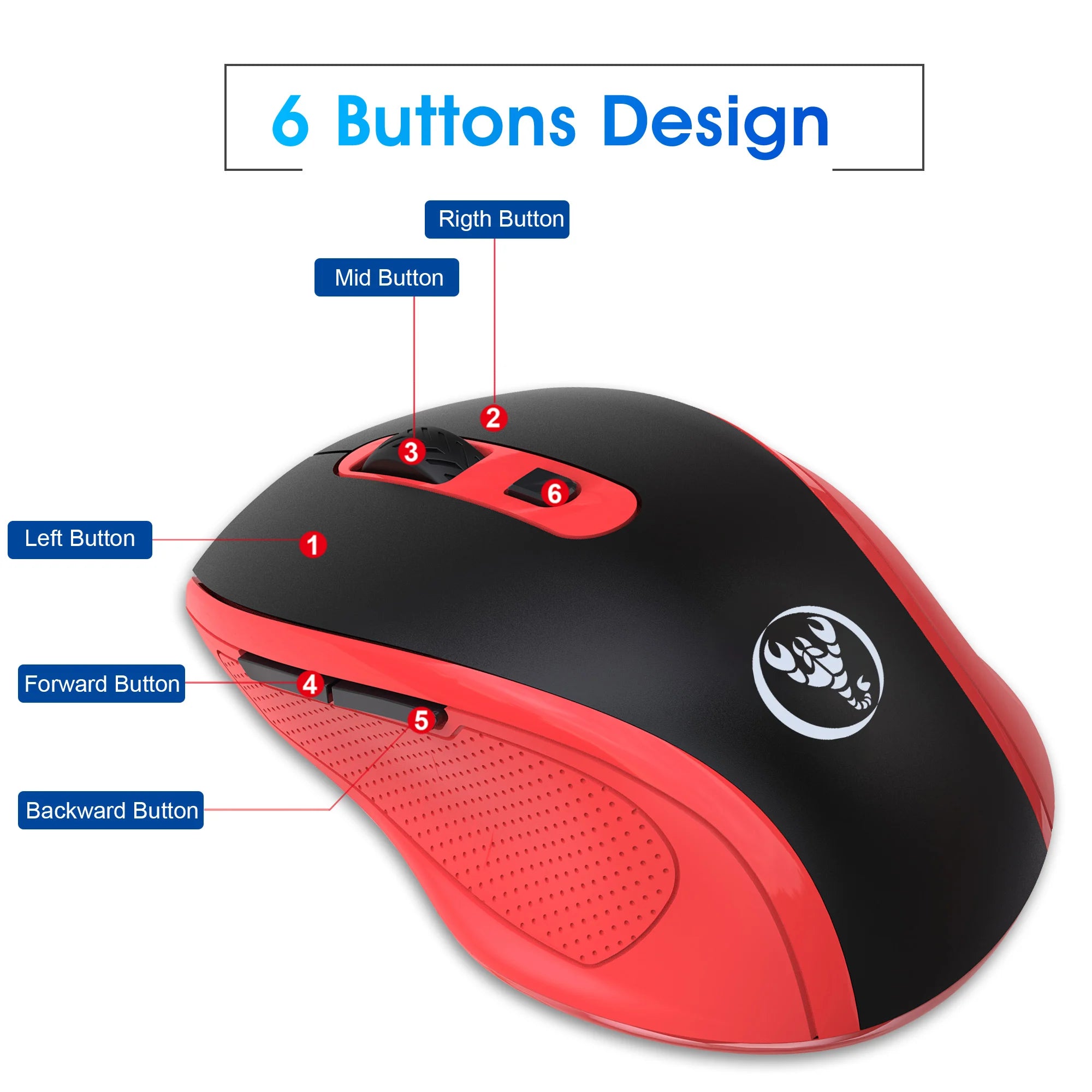 HXSJ Ergonomic 2.4G Wireless Gaming Mouse - Optical, 3-Level Adjustable Resolution, Comfortable Design for Laptop Desktop Mac