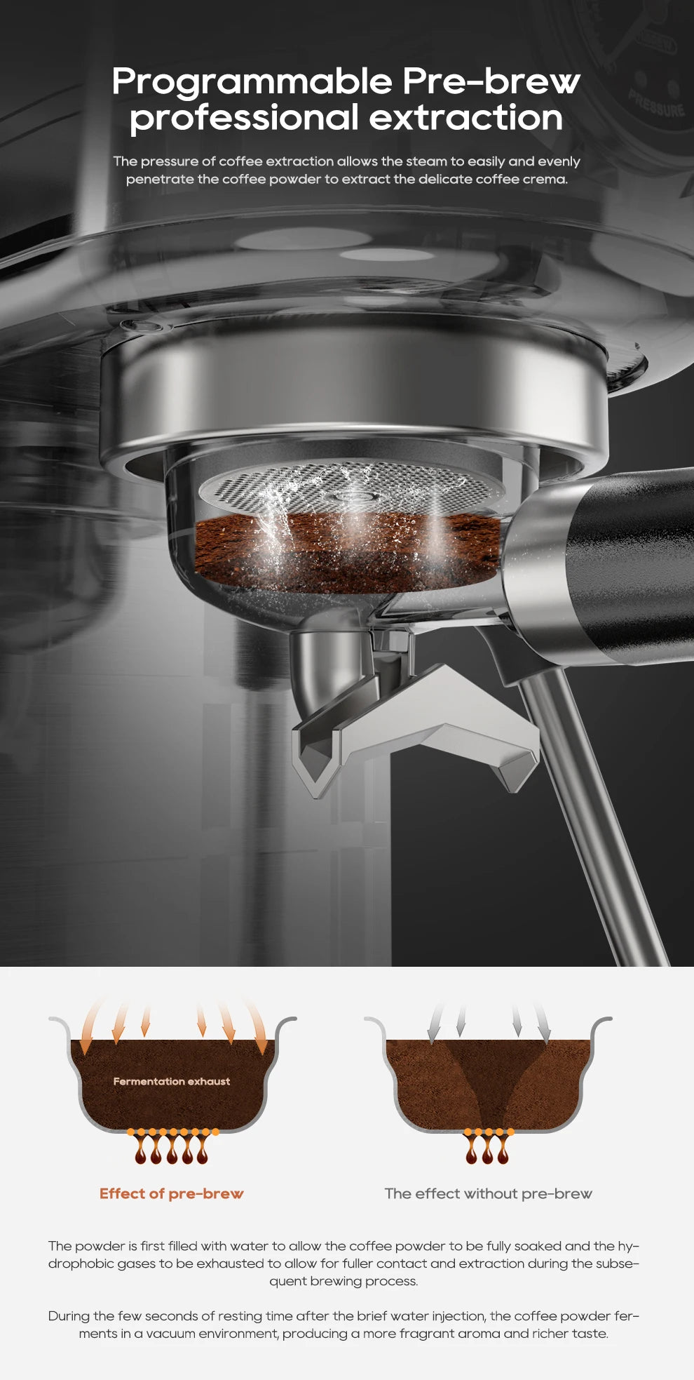 Stainless steel espresso machine portafilter showing programmable pre-brew coffee extraction process.