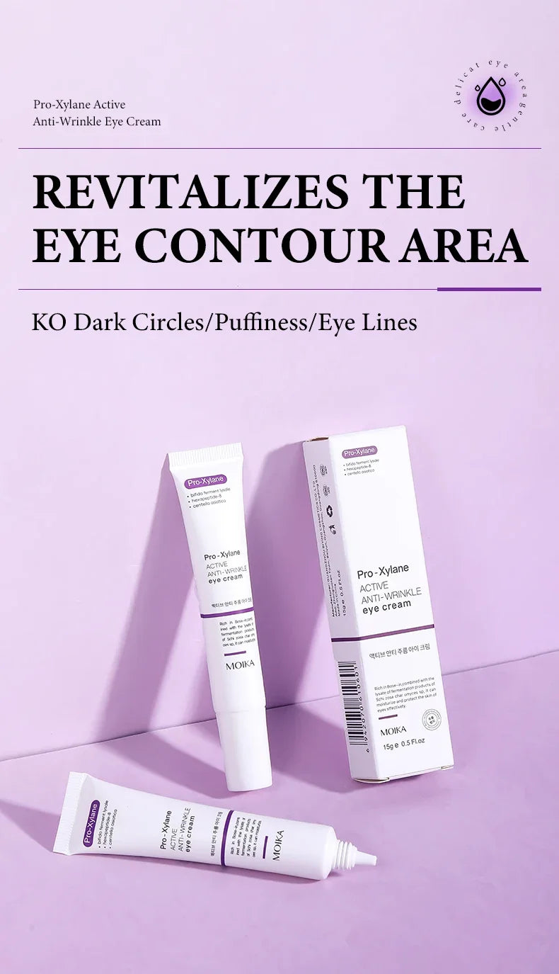 Pro-Xylane anti-wrinkle eye cream tubes and box in white packaging against a light purple background.