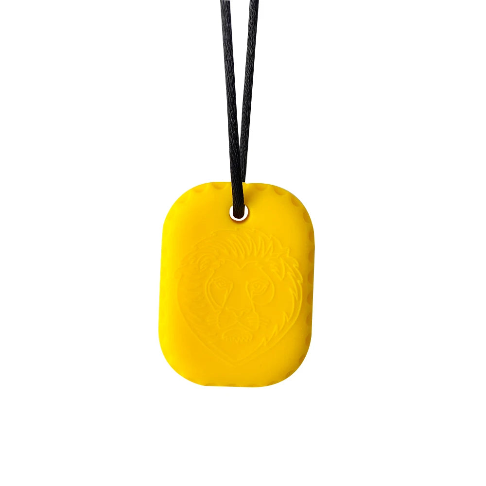 Yellow silicone lion baby teething toy necklace for soothing teething pain.