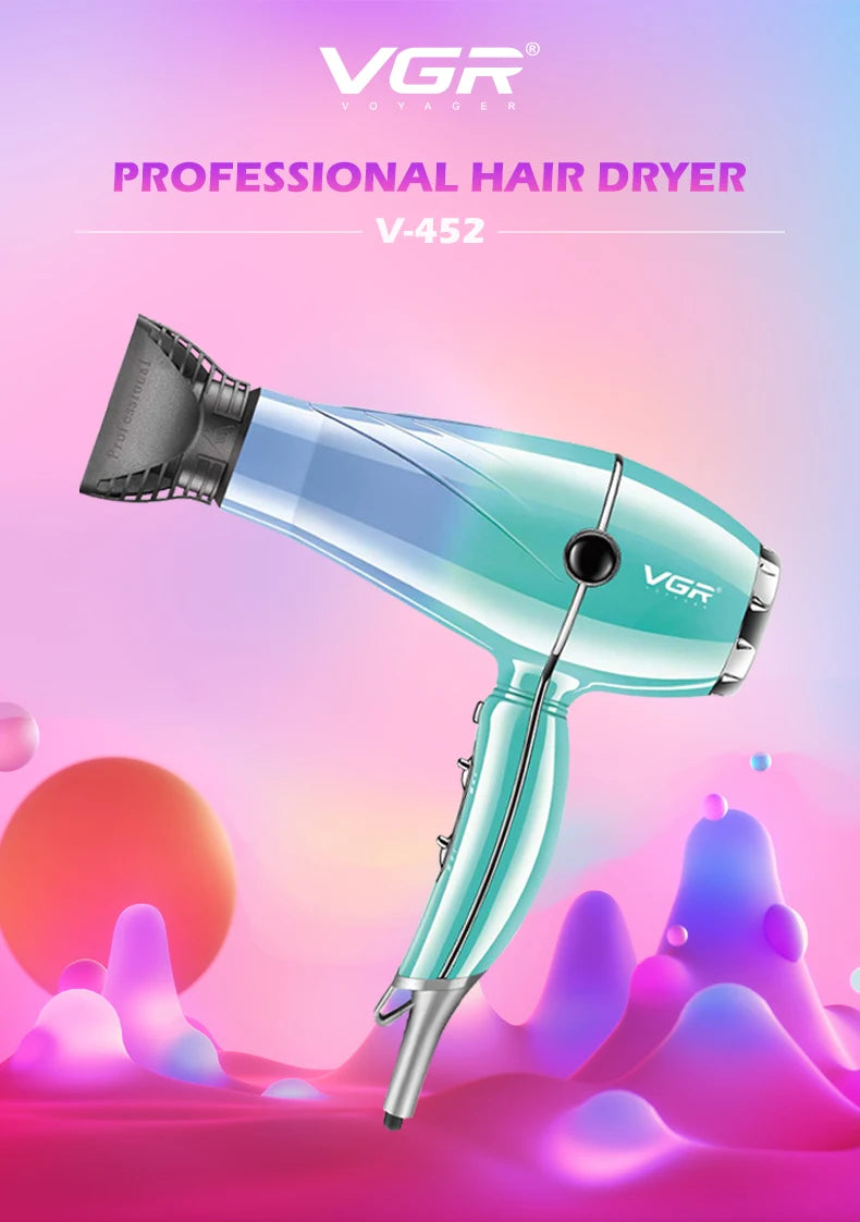 VGR V-452 professional negative ion hair dryer in teal with styling nozzle for fast, smooth drying at home.