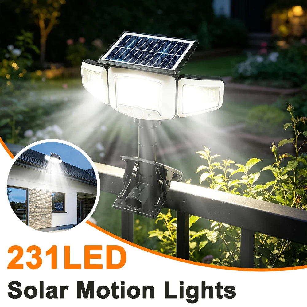 Solar Lights Outdoor 3 Heads Motion Sensor 231LED Security Flood Lights Waterproof with 3 Modes Wall Lamp for Garden Patio Yard