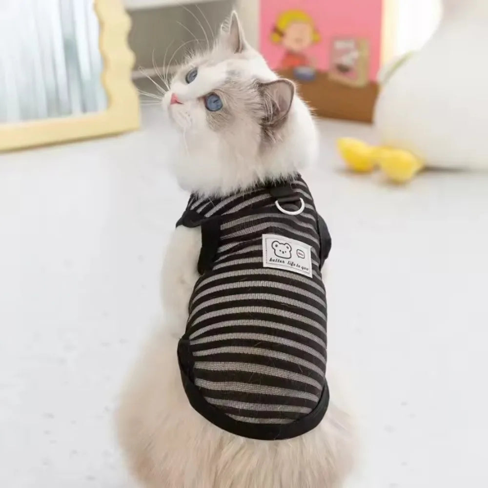 Breathable striped summer cooling vest for cat or small dog, perfect for comfy pet casual wear.