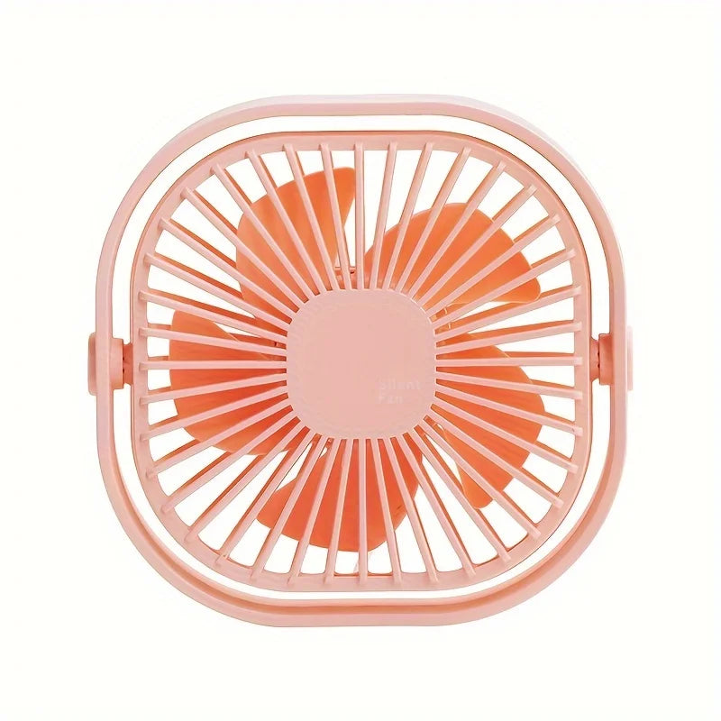 Tidesmit portable square mini desk fan in pastel pink plastic with orange blades, rotatable frame, and quiet design.