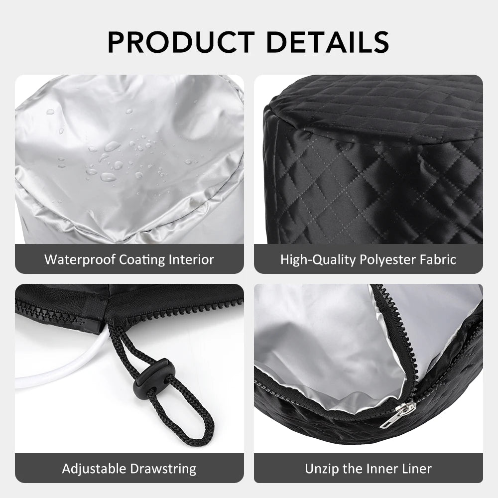 Black quilted hair steamer cap with waterproof silver interior, adjustable drawstring, and removable zippered liner.