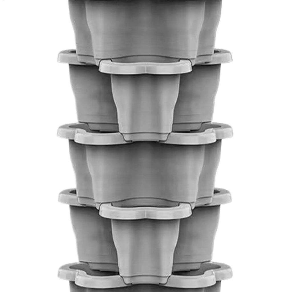 Vertical planter tower with stackable gray pots, shown in close-up from the front