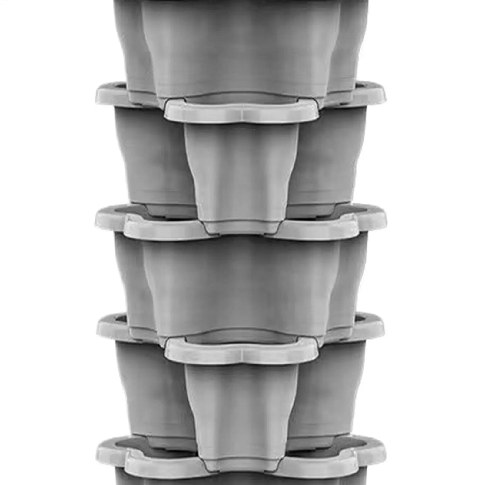Vertical planter tower with stackable gray pots, shown in close-up from the front
