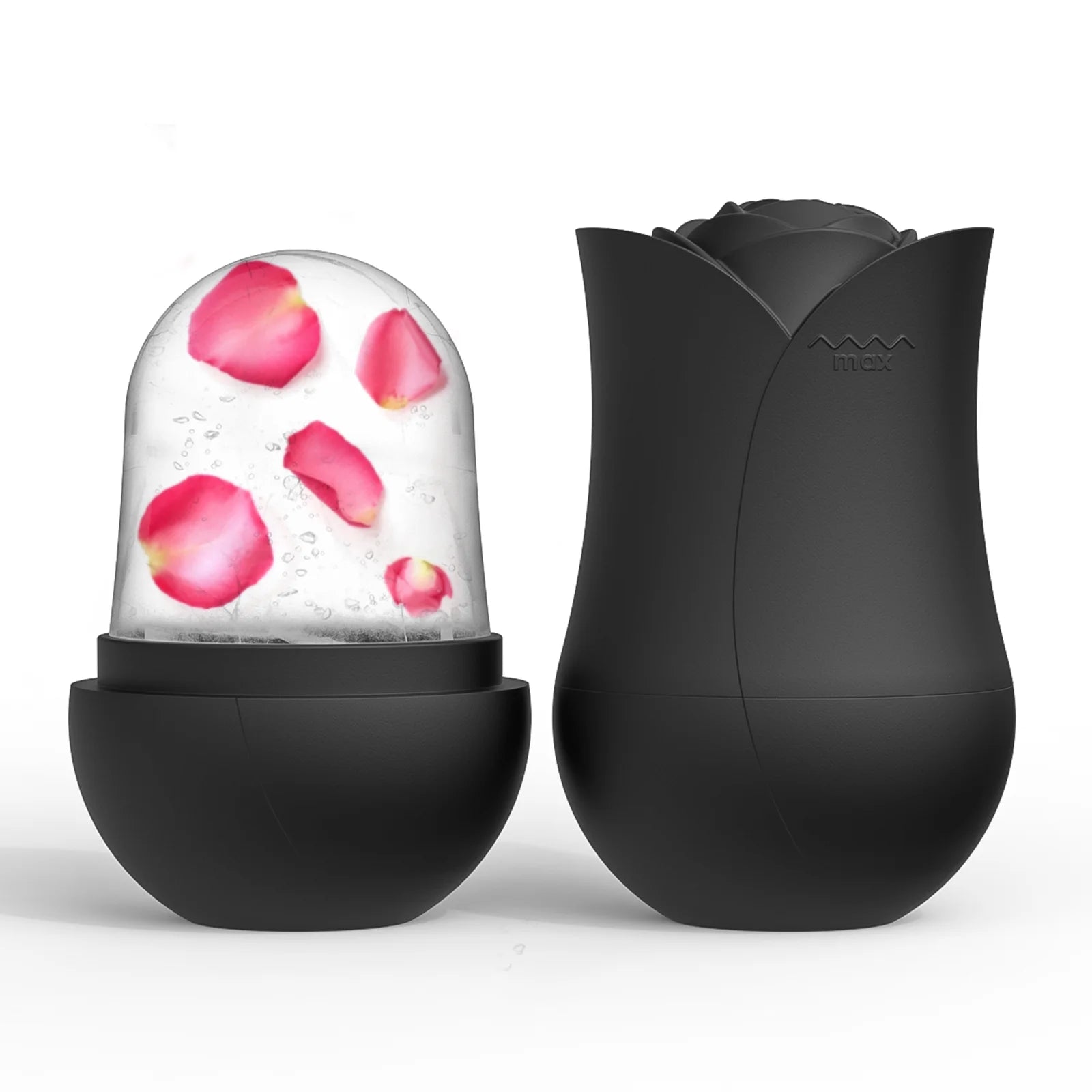 Black rose-shaped silicone ice roller for face with a frozen insert containing pink rose petals.