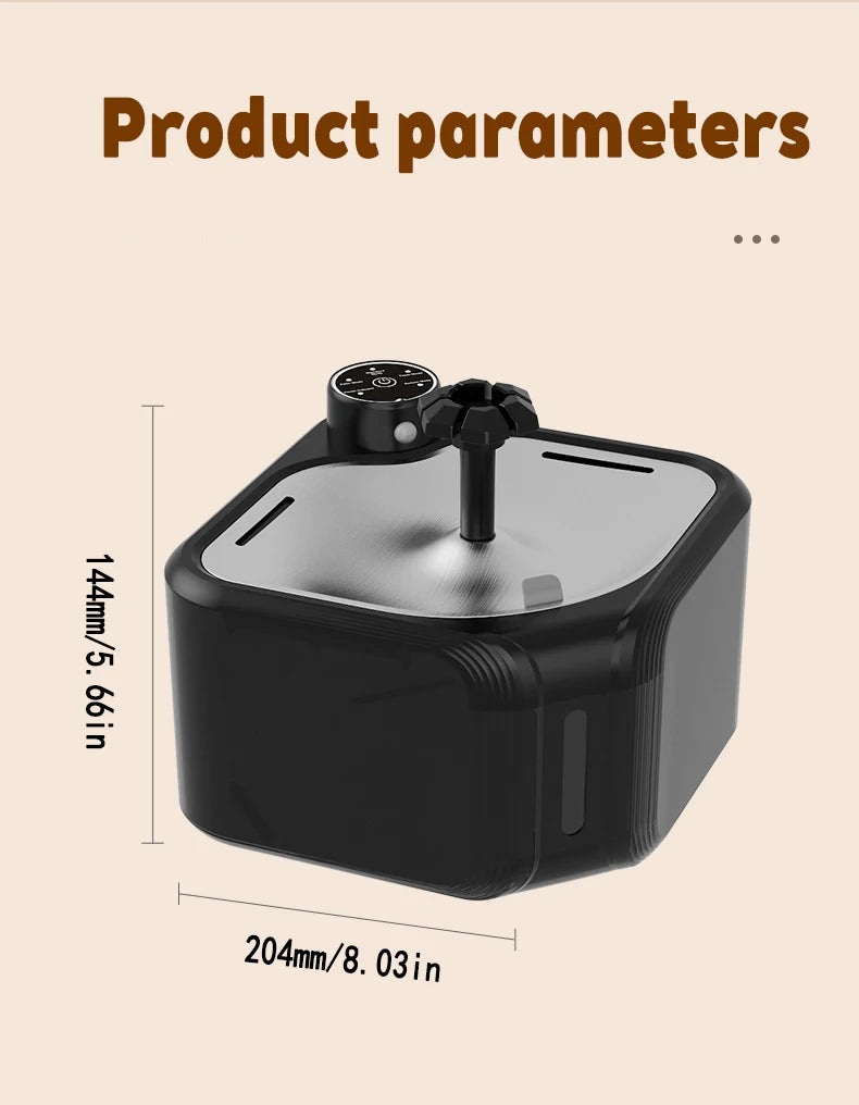 Wireless automatic cat water fountain, 2800ml smart sensor dispenser for pets in black, rechargeable, fresh water flow.