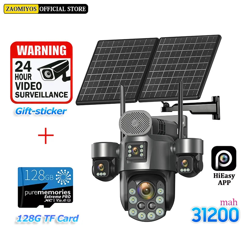 60X Optical Zoom Home Surveillance Solar Cameras 4G Security Protection Auto Track  24/7 Record 4 Screen/4 Lens CCTV PTZ Camera