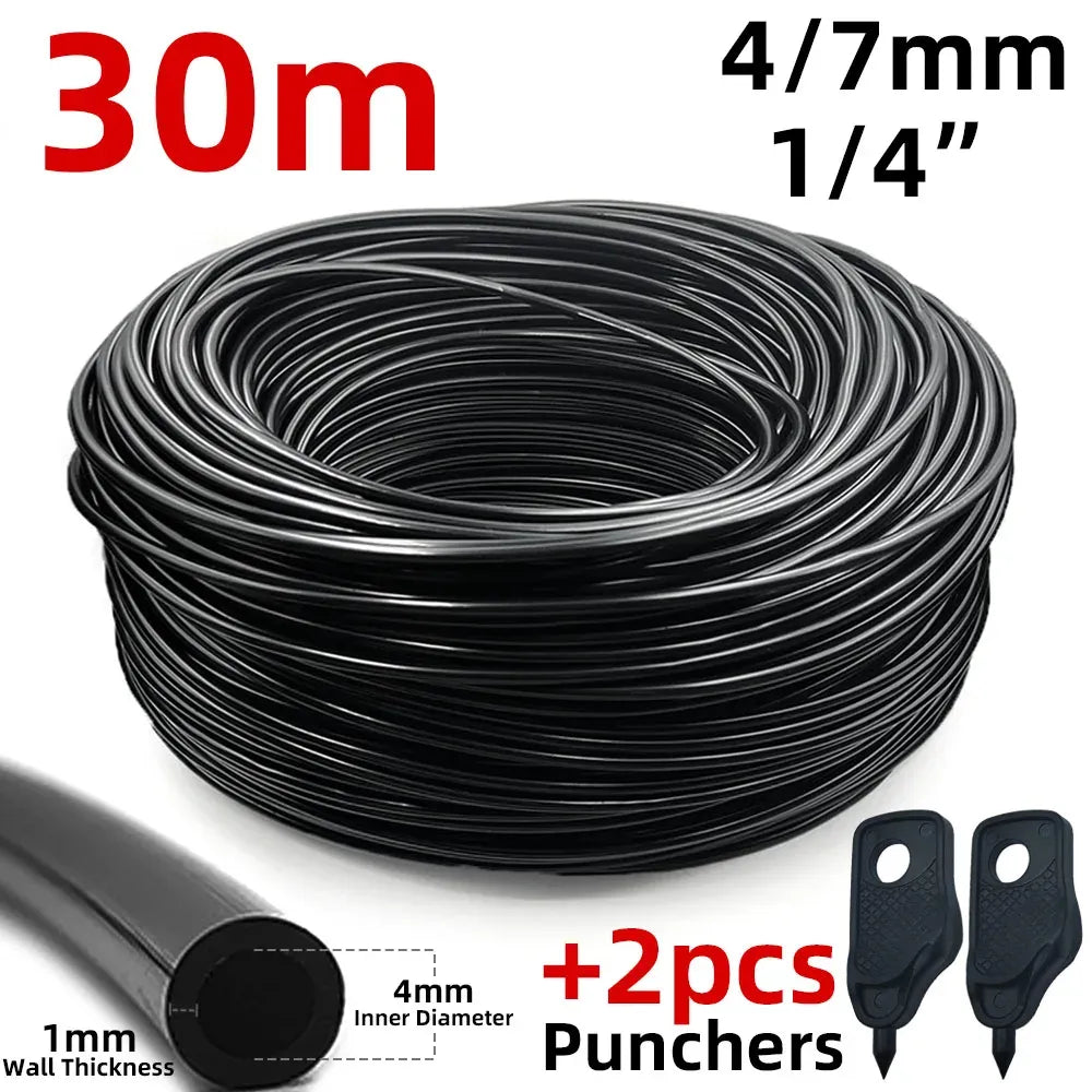 30m black 4/7mm 1/4-inch PVC hose coil with two black hole punchers