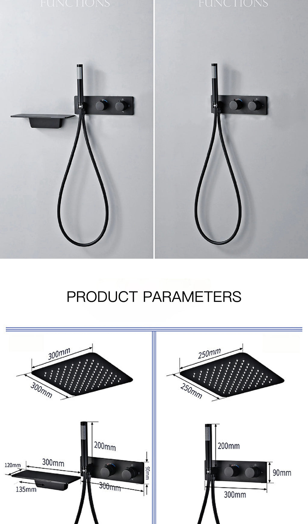 Modern Black Brass Bathroom Thermostatic Ceiling Type Shower System Wall-Mounted 3-Function Waterfall Tap for Cold & Hot Wate