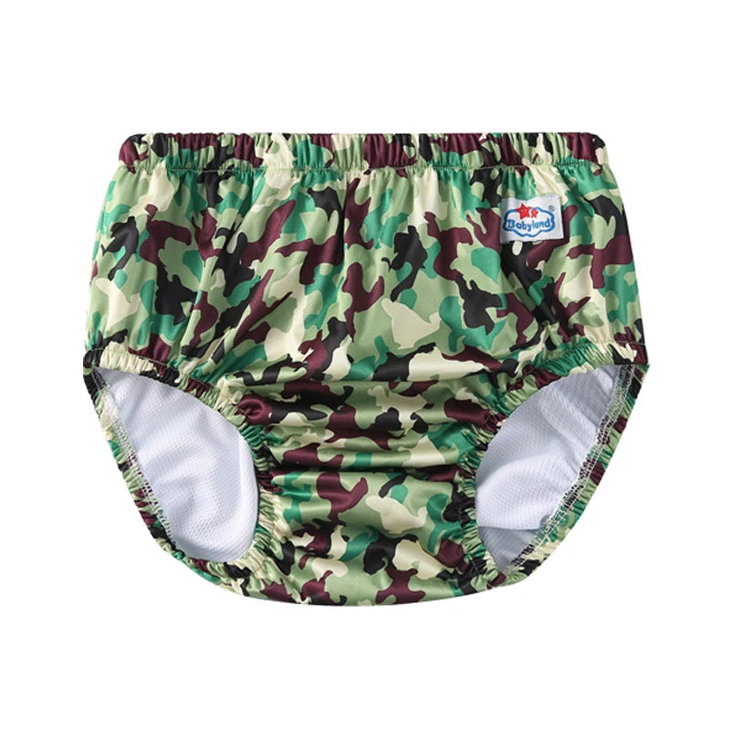 Babyland camo print cloth diaper cover for babies with comfortable elastic waistband and mesh lining.
