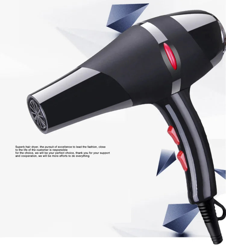 Black 2100W professional salon hair dryer with AC motor, fast-drying nozzle, and ergonomic red-button control design.