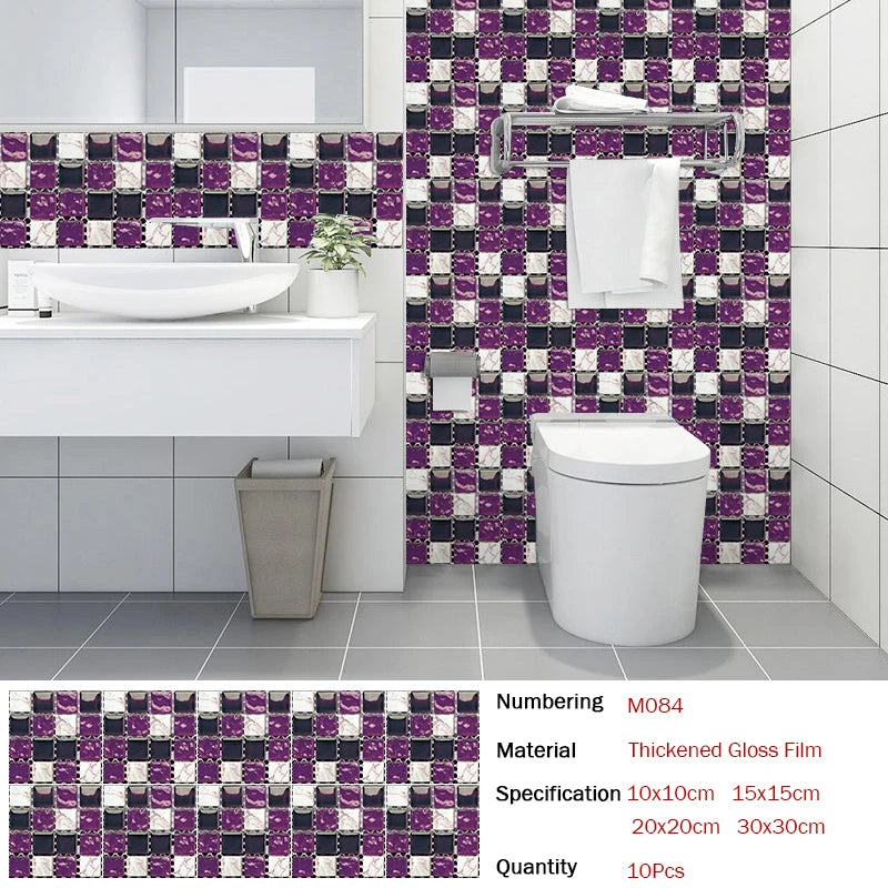 10pcs Flat Mosaic Style Tiles Sticker Kitchen Bathroom Waterproof & Oilproof Art Wall Sticker Peel & Stick Surface Glossy Film