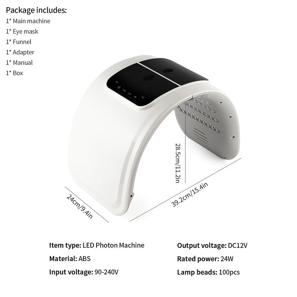 White curved ABS LED photon facial therapy machine with 100 internal lamp beads and top digital control panel.