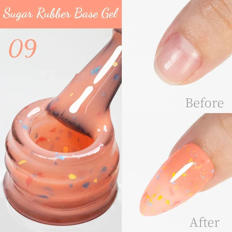 Sugar rubber base gel 09, a translucent peach polish with multi-colored confetti flakes for natural nail strengthening.