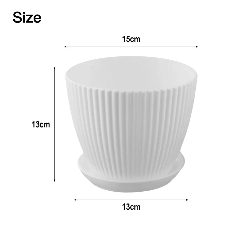 5 Pcs Modern Resin Planters 6 Inch Drainage Hole Flower Pots With Saucers Vertical Stripe Design For Houseplant Garden