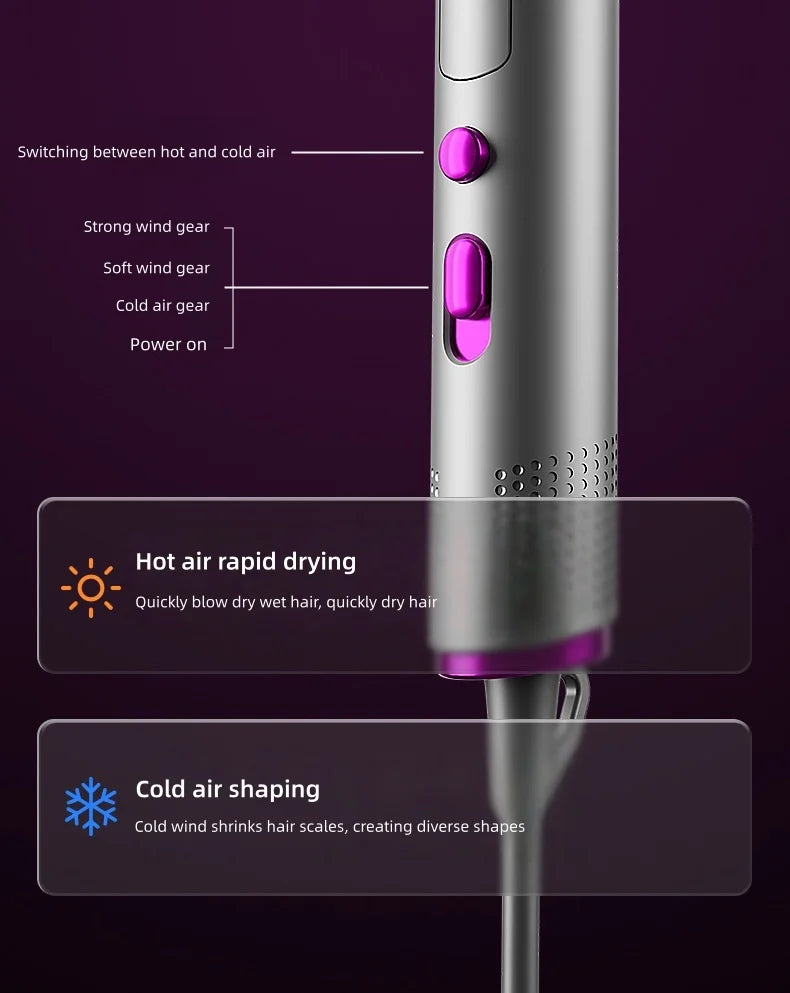 Foldable ionic hair dryer in silver with purple accents, featuring hot and cold air settings and speed control buttons.