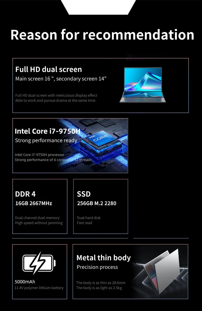 TUHUI Intel core I7-9750H Dual Screen Laptop 16 Inch Gaming Laptops 14 Inch Touch Screen 32G RAM 2TB SSD Notebook Win11 Computer