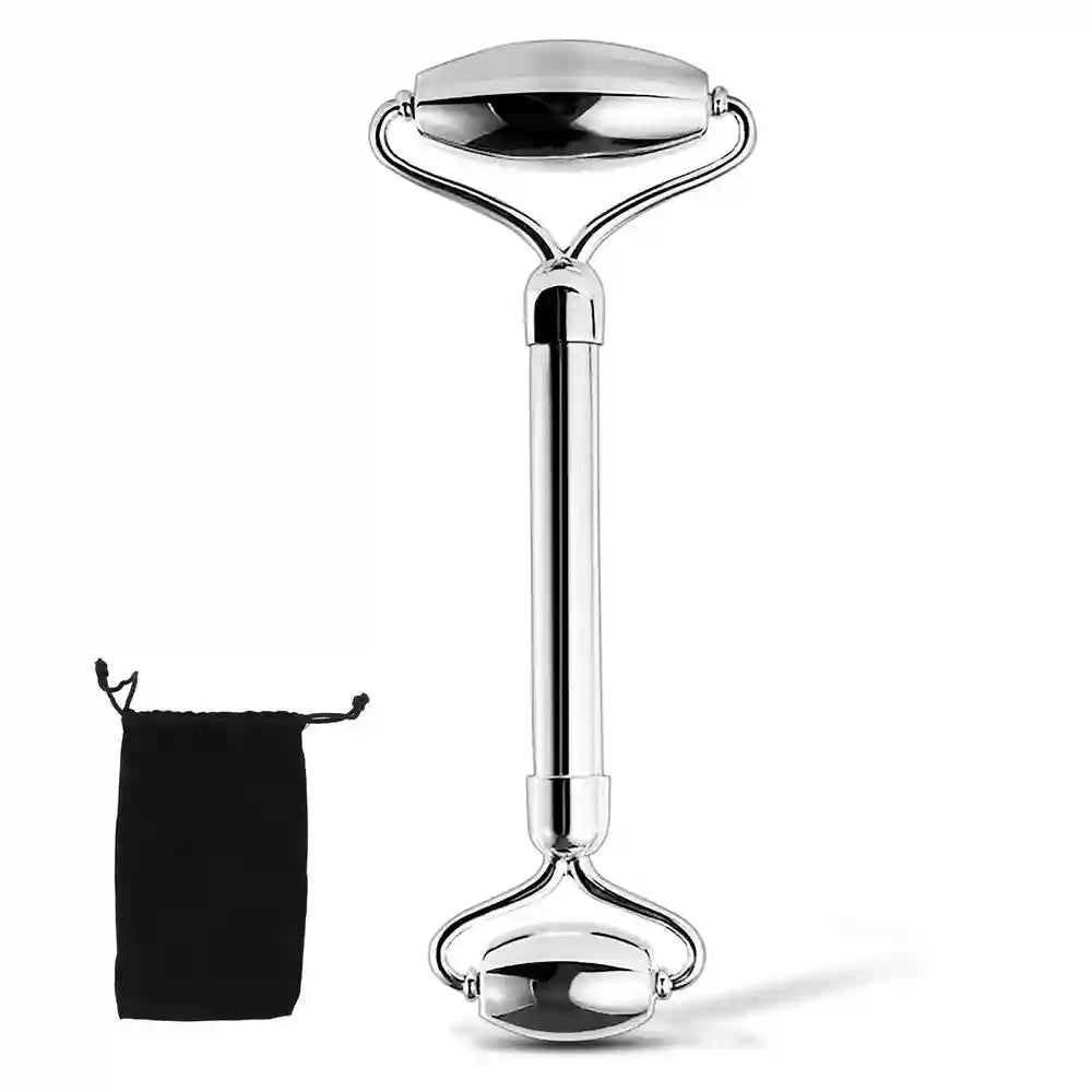 Double-ended stainless steel facial roller with a smooth, polished silver finish and a small black storage pouch.