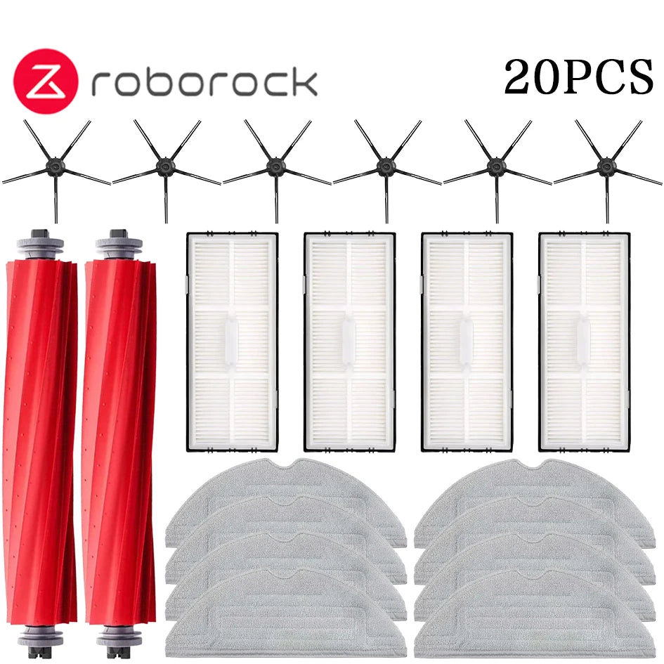 Tidesmit accessory set for Roborock S7 MaxV Ultra featuring replacement side brush, mop pad, HEPA filter and dust bag