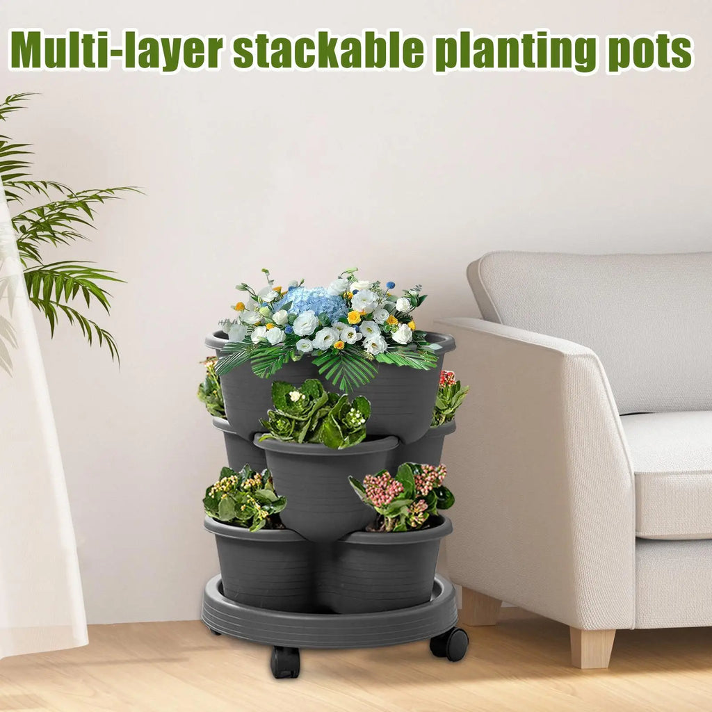 Vertical Garden Tower Stackable Outdoor Vegetable Pots Tiered Planter With Wheels For Indoor Outdoor Balcony Patio Backyard Lawn