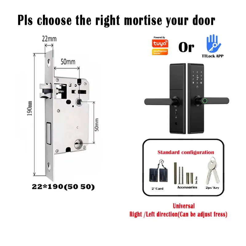 Keyless Tuya Bluetooth APP Digital Biometric Fingerprint Electric Smart Door Handle Key Card Lock with 5050 72 85 Mortise