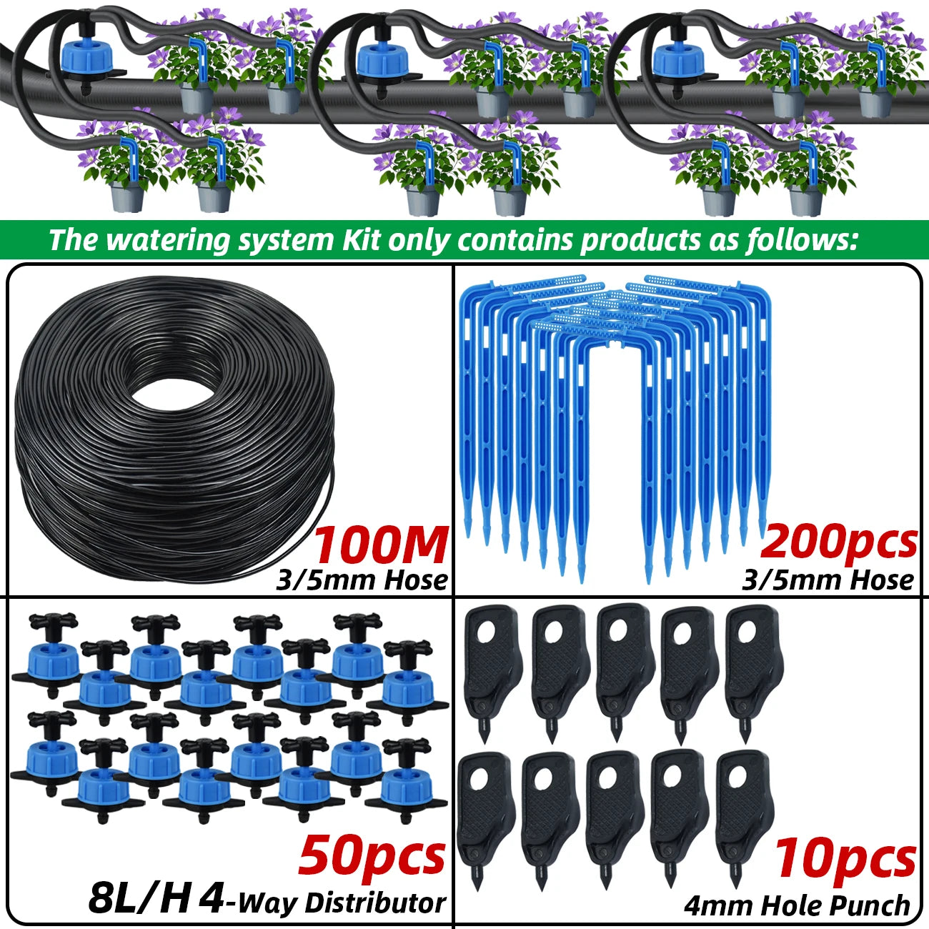 KESLA Drip Irrigation Kit 10-100M 4Way 2Way 8L Drip Arrow 3/5mm Hose Watering System Dripper Sprinkler Pot Planting Greenhouse