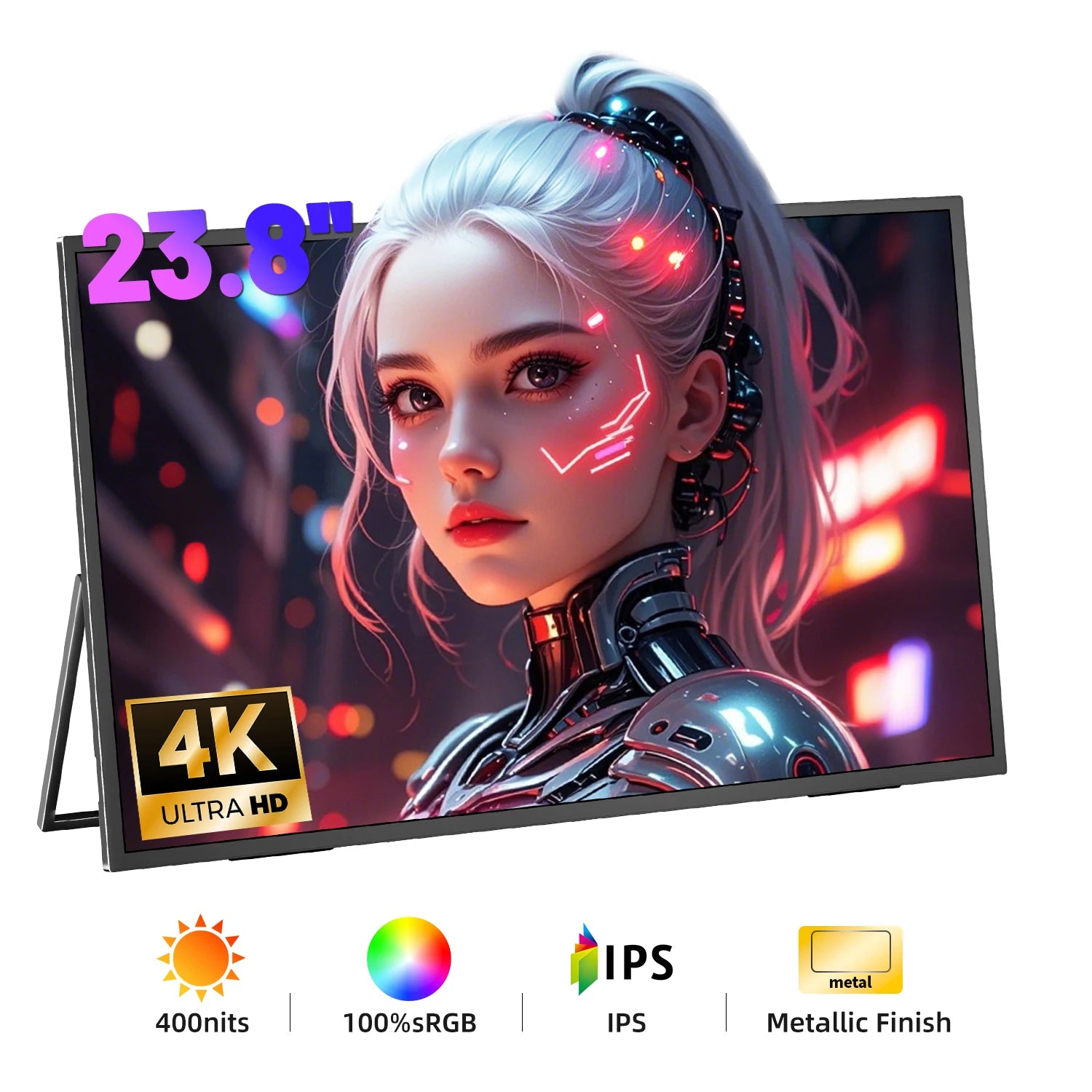 SIBOLAN 23.8" 4K Portable Monitor UHD 3840*2160 100%sRGB External Gaming Screen USB C LS Stand VESA for Mini PC Laptop MAC