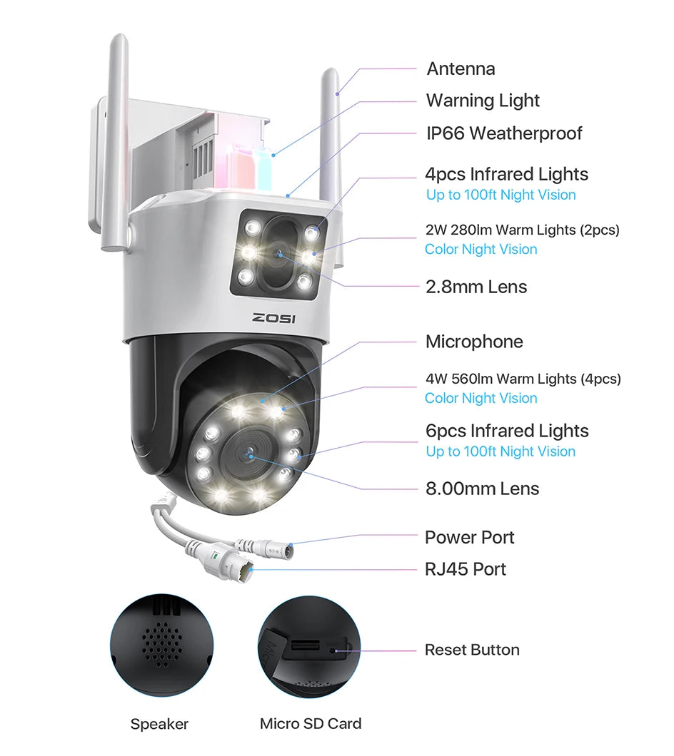 ZOSI C298 8MP/4MP Dual-Lens Wired WiFi PTZ Security Camera Outdoor Wide Angle 8X Hybrid Zoom AI Detection 360 Surveillane Camera