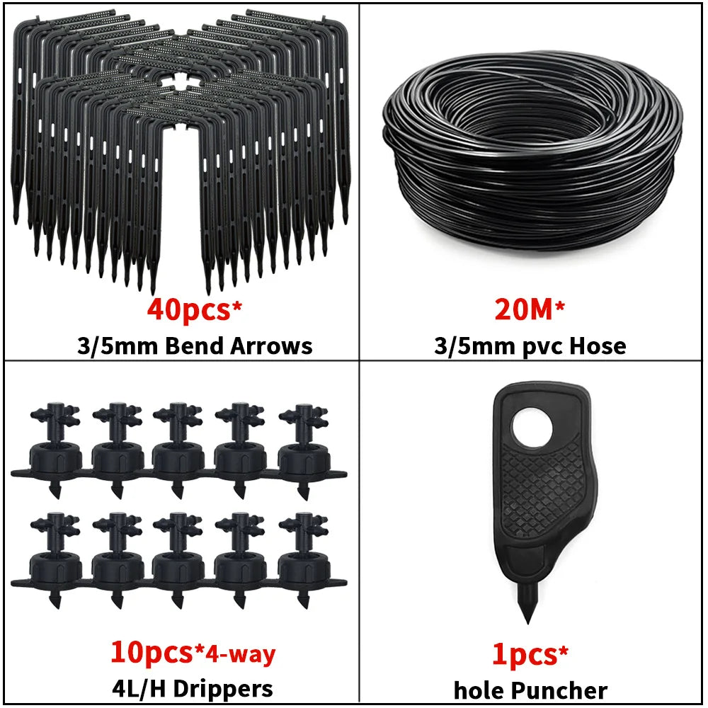 4-way drip irrigation kit with coiled 3/5mm hose, 10 black drippers, and hole puncher