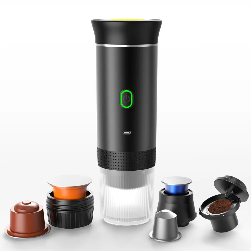 Black portable espresso coffee maker with USB-C, travel design, and multiple capsule and ground coffee adapters.