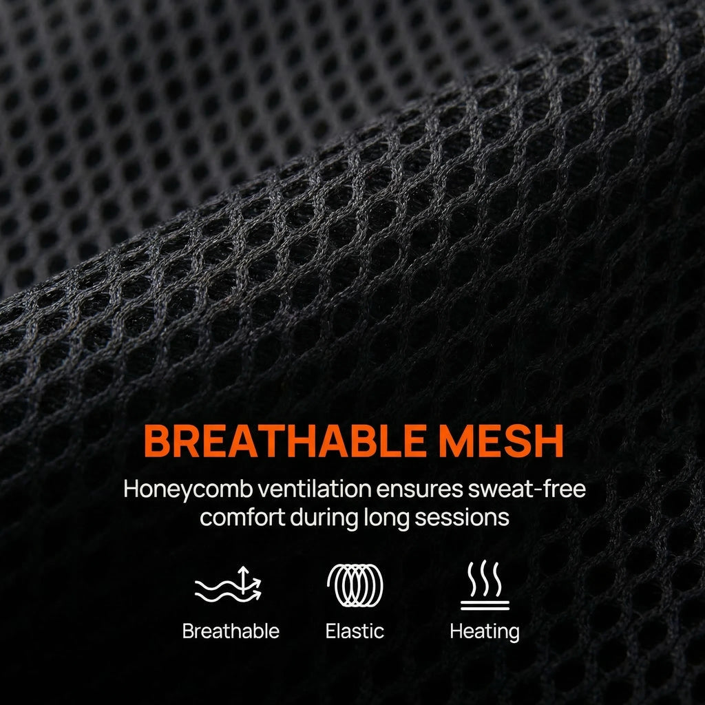 Close-up of black breathable honeycomb mesh fabric for a jaw heating wrap, with icons for breathable, elastic, heating.
