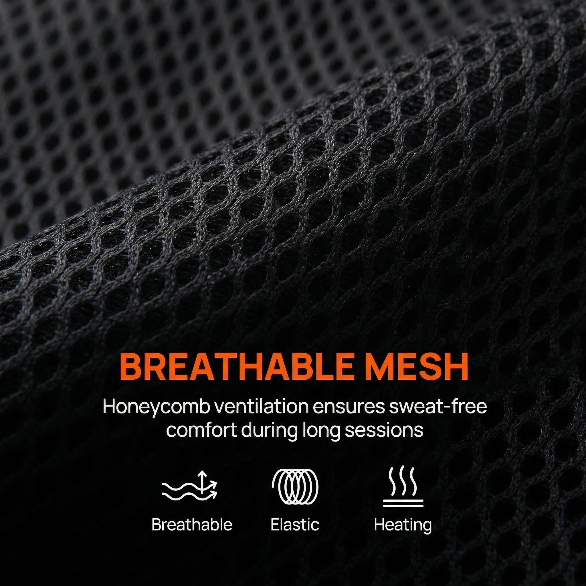 Close-up of black breathable honeycomb mesh fabric for a jaw heating wrap, with icons for breathable, elastic, heating.